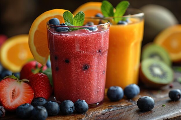 Un par de vasos llenos de batidos de frutas frescas en un estilo moderno