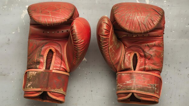 Foto un par de viejos guantes de boxeo rojos cuelgan de una pared gris los guantes están hechos de cuero y están bien usados con marcas de raspado y arañazos en la superficie