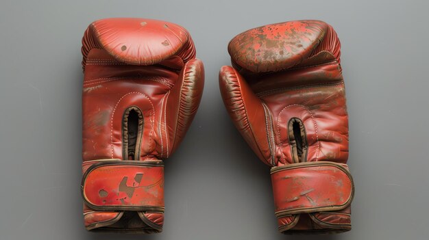 Foto un par de viejos guantes de boxeo rojos con desgaste y lágrimas los guantes están hechos de cuero y tienen un cierre de cordón