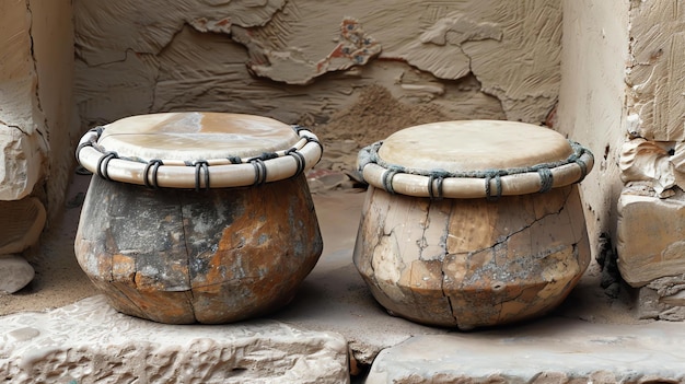 Foto un par de viejos tambores desgastados se sientan en una superficie de piedra los tambores están hechos de madera y tienen cabezas de cuero crudo