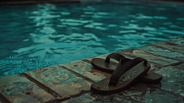 Un par de zapatillas abandonadas junto a la piscina