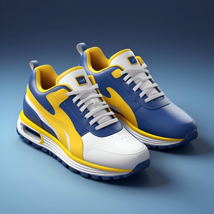 un par de zapatillas azules y amarillas con una franja amarilla