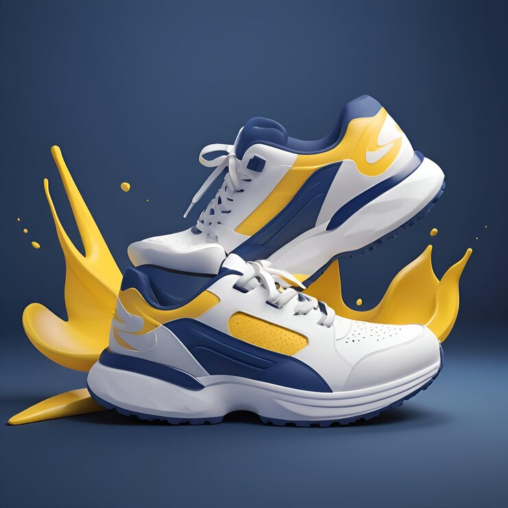 un par de zapatillas azules y blancas con rayas amarillas