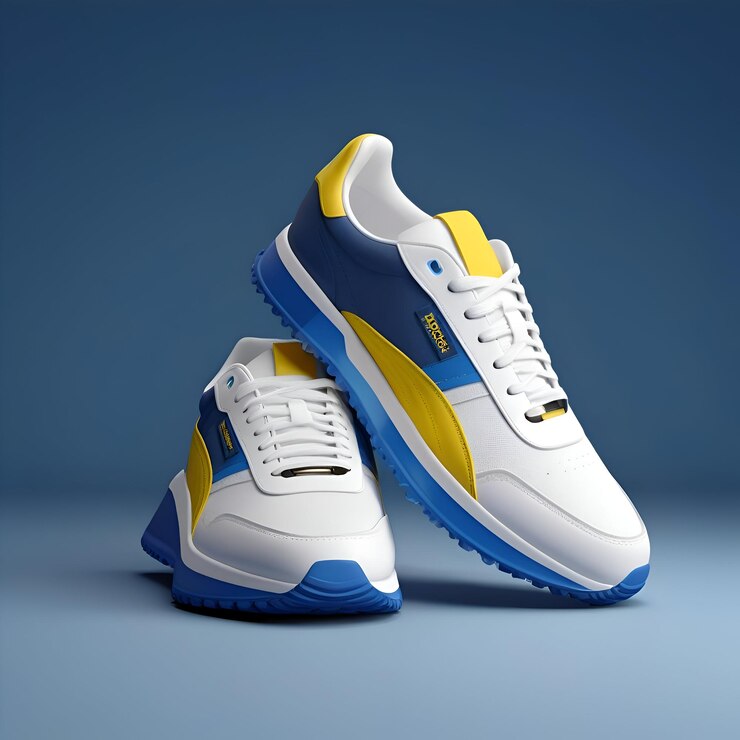 un par de zapatillas azules y blancas con rayas amarillas