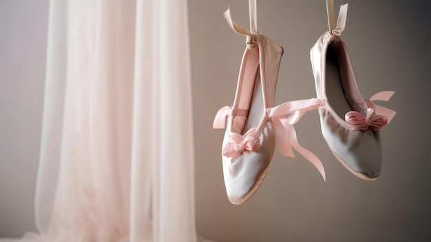 Un par de zapatillas de ballet rosas cuelgan de una ventana.