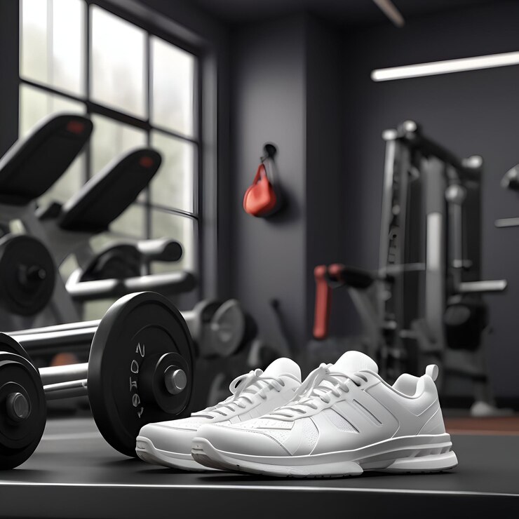 un par de zapatillas blancas están en un banco de madera en un gimnasio