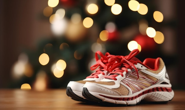Un par de zapatillas para correr con un fondo festivo resolución de estilo de vida saludable de año nuevo