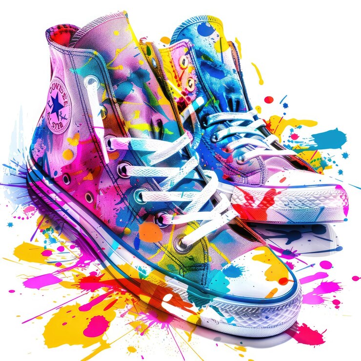un par de zapatillas de deporte coloridas con la palabra zapato en la parte inferior