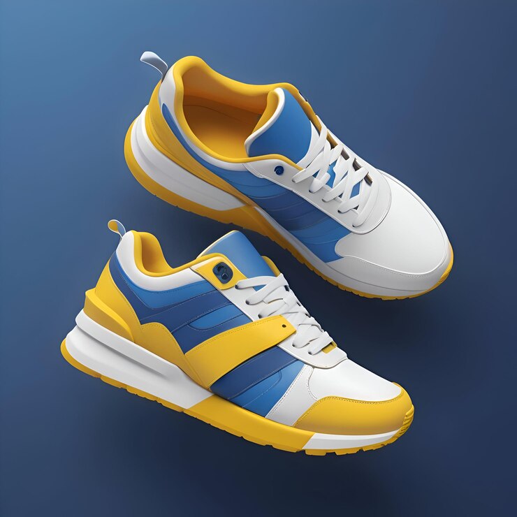 un par de zapatillas de deporte con una franja amarilla y suela azul y blanca