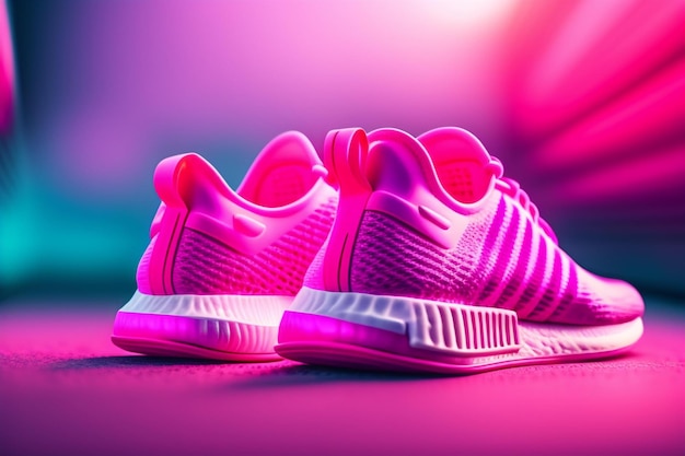 Un par de zapatillas deportivas adidas rosas están sobre un fondo rosa.