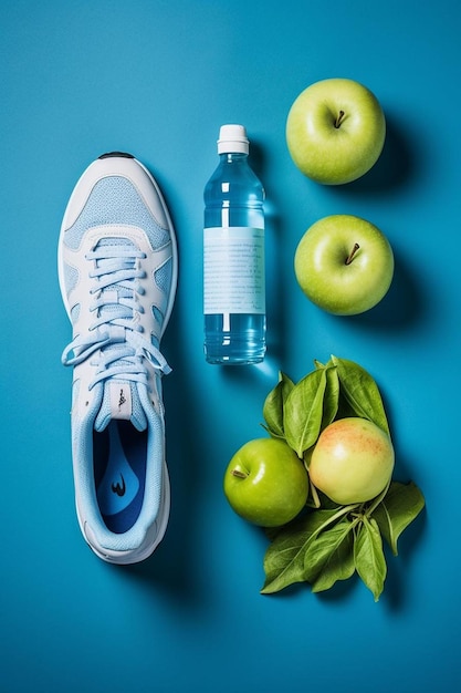 Foto un par de zapatillas junto a una botella de agua y manzanas verdes