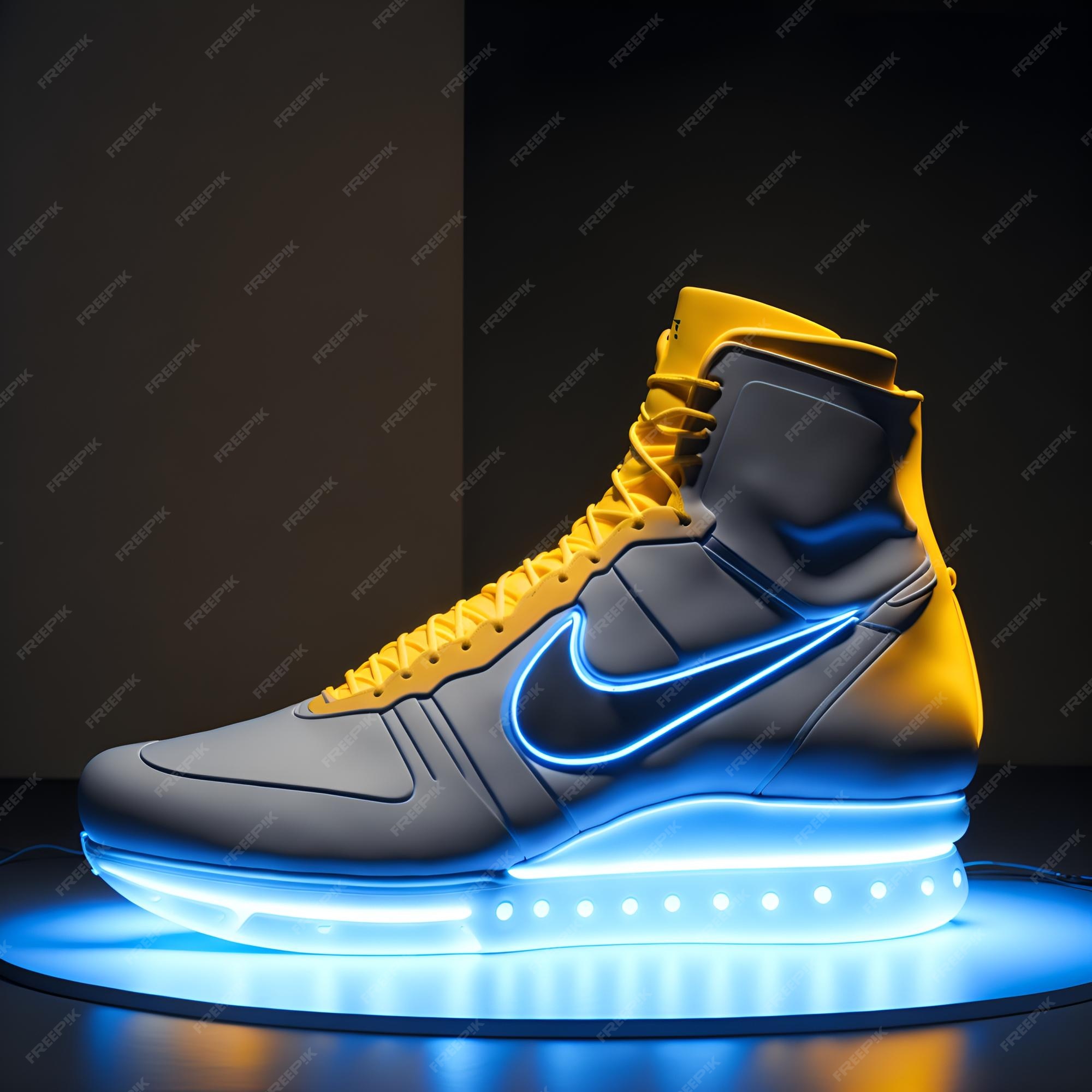 par de zapatillas nike se iluminan con una luz azul. | Foto Premium
