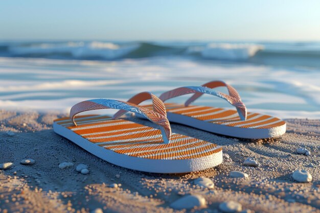 un par de zapatillas en una playa con el océano en el fondo