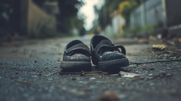 Foto un par de zapatos abandonados a la orilla de la carretera los zapatos son negros y velcro la carretera está mojada por la lluvia el fondo está borroso