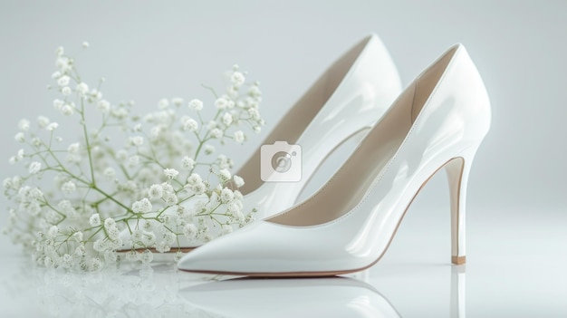 Un par de zapatos blancos de estilete ramas de gipsófila blancas en un fondo blanco zapatos elegantes para novias