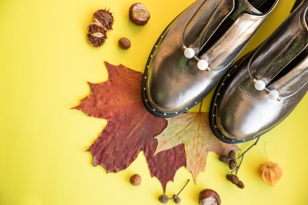 Par de zapatos y botas de mujer nuevos permanecen sobre un fondo pastel con hojas de otoño cayendo