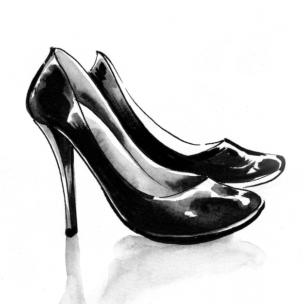 Par de zapatos clásicos de tacón alto. Dibujo a tinta en blanco y negro