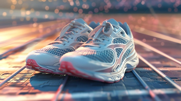 Foto un par de zapatos de correr se colocan en una pista con un fondo borroso los zapatos son blancos y tienen acentos rosados y grises