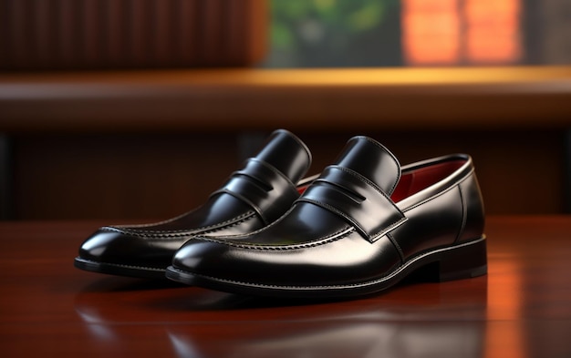 Un par de zapatos de hombre negros están sobre una mesa de madera.