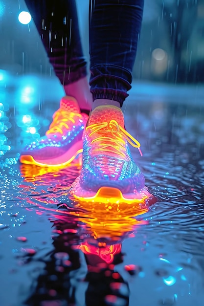 un par de zapatos con luces de neón en ellos se reflejan en el agua