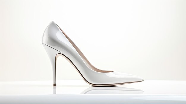 Foto un par de zapatos de novia de tacón alto blancos prístinos en una superficie blanca para una composición elegante minimalista que encarna la esencia de una boda