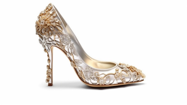 Un par de zapatos de oro con un patrón floral.