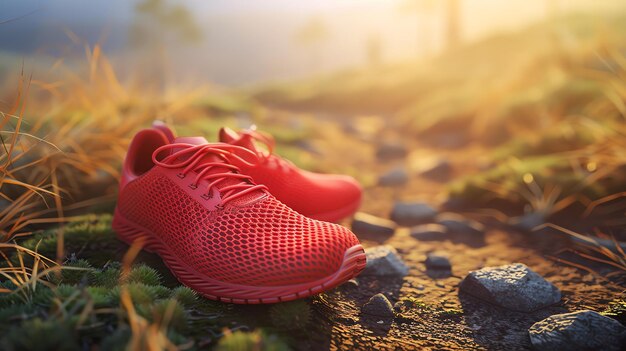 Foto un par de zapatos rojos para correr se sienta en un sendero rocoso en el bosque los zapatos están desatados y los cordones están soplando en el viento