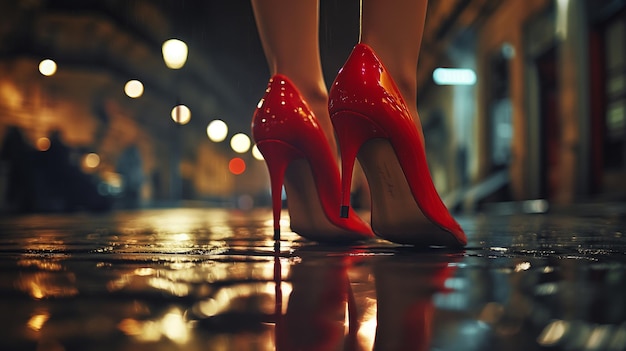un par de zapatos rojos con un reflejo de los pies de una mujer en la lluvia
