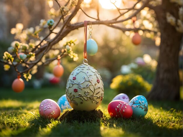 Foto para a páscoa, ovos pintados pendurados na árvore.