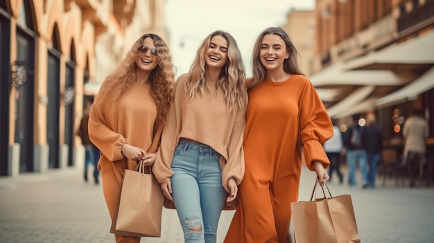 Para as vendas de primavera, três companheiras alegres com sacolas de compras passeavam pela rua Generative AI