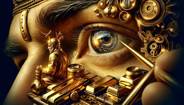 Foto para publicidade e banner como goldsmith gaze um olho de perto com um reflexo de barras de ouro representa