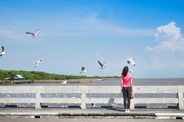 Para trás da mulher asiática que está no briedge com as gaivotas em bangpu, tailândia.