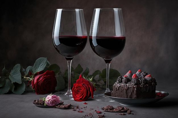 Para um encontro romântico ou jantar de dia dos namorados copos de vinho cheios de vinho tinto e flores rosas vermelhas