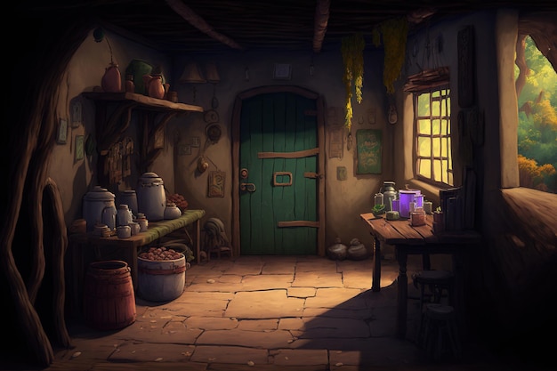 Para um fundo de desenho animado, o interior de uma casa de aldeões pobres