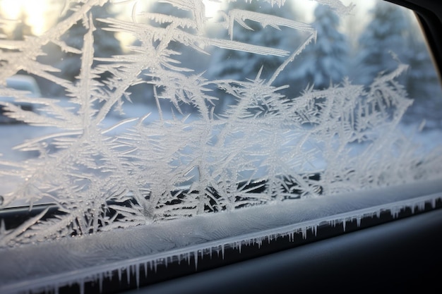 El parabrisas de un coche cubierto de helada y hielo en una mañana de invierno