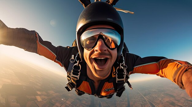 Foto paracaidismo extremo paracaidista volando en paracaídas al atardecer deporte extremo