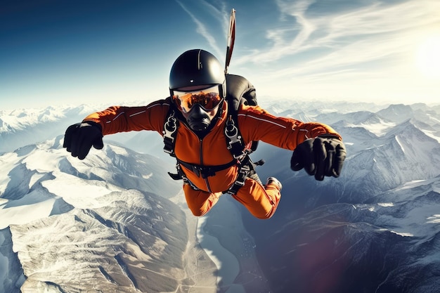 Un paracaidista con traje naranja vuela por el aire.