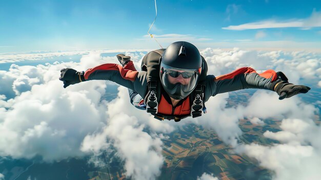 Foto el paracaidista está volando en el cielo azul lleva un casco negro y un mono rojo el cielo está lleno de nubes blancas el suelo está muy abajo