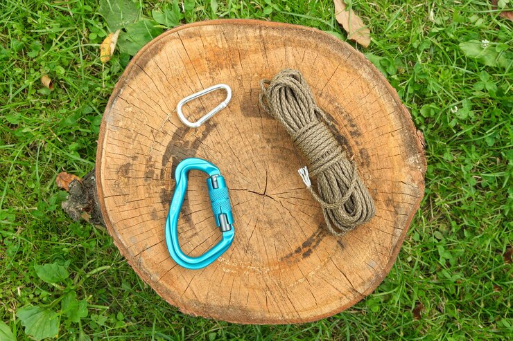 Foto paracord y mosquetones en la naturaleza sobre un tocón