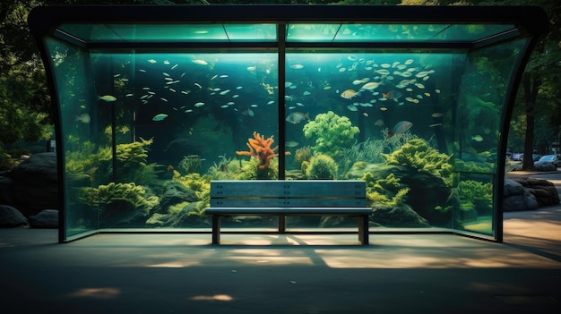 Parada de autobús con acuario en la ciudad de noche