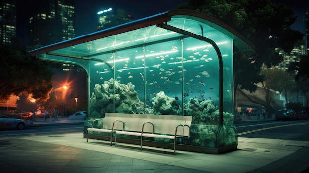 Parada de autobús con acuario en la ciudad de noche