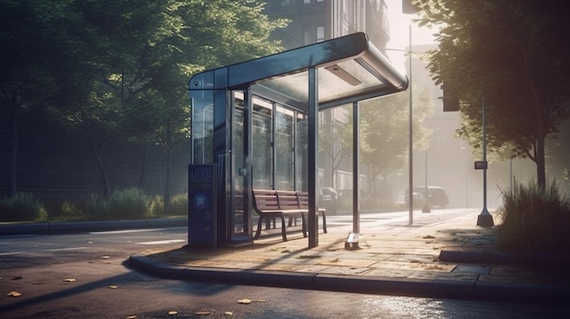 Parada de autobús al aire libre o exterior en la ciudad con IA generativa