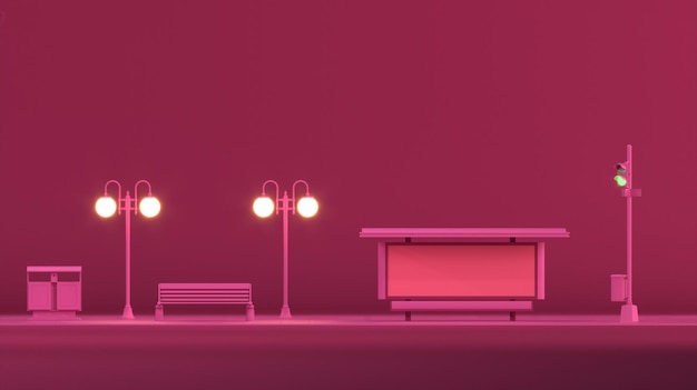 Parada de autobús de la ciudad y luz de la calle del banco del parque sobre fondo rosa Composición creativa 3d render