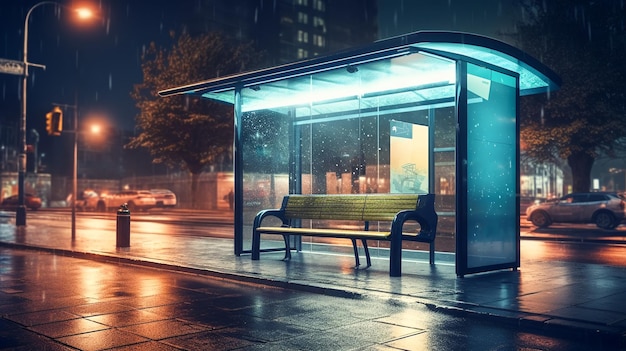 Una parada de autobús bajo la lluvia por la noche.