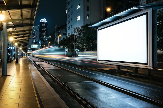 una parada de autobús por la noche con un cartel en primer plano