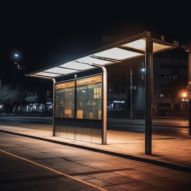 Una parada de autobús por la noche con un cartel que dice "parada de autobús"