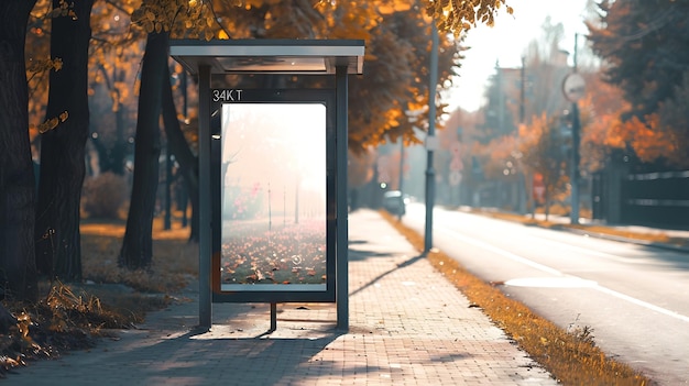 Parada de autobús vacía con espacio de maqueta en la acera de una calle suburbana en la temporada de otoño fro IA generativa