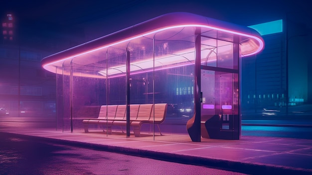 Una parada de autobús violeta con una luz violeta al costado.
