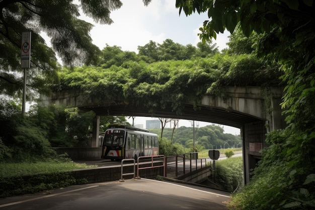 Parada de ônibus com vista para a ponte cercada por vegetação criada com IA generativa