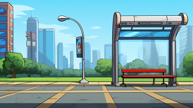 Foto parada de ônibus de desenho animado com banco e luz da rua na cidade generativa ai